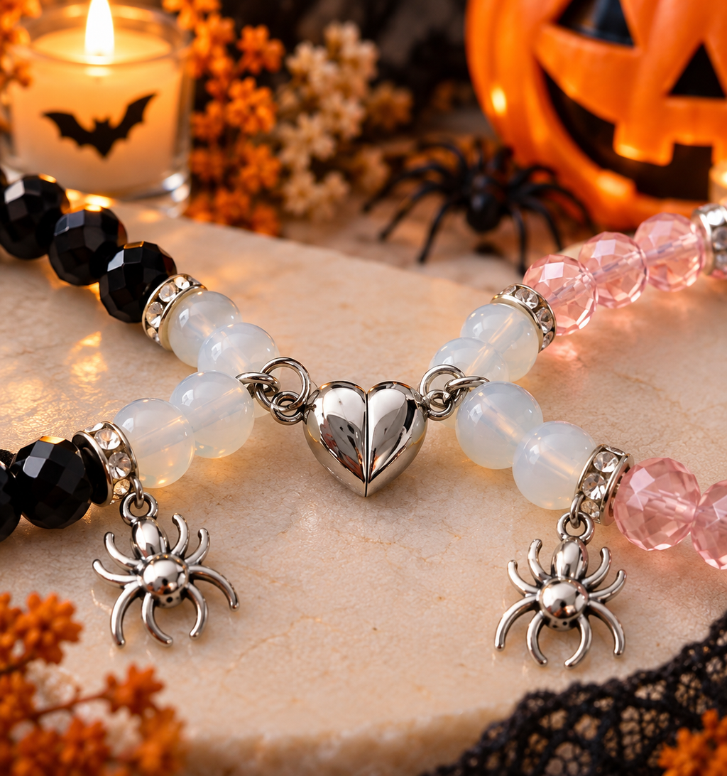 Duo de Bracelets d’Amitié Halloween – Cœur Aimanté et Araignées