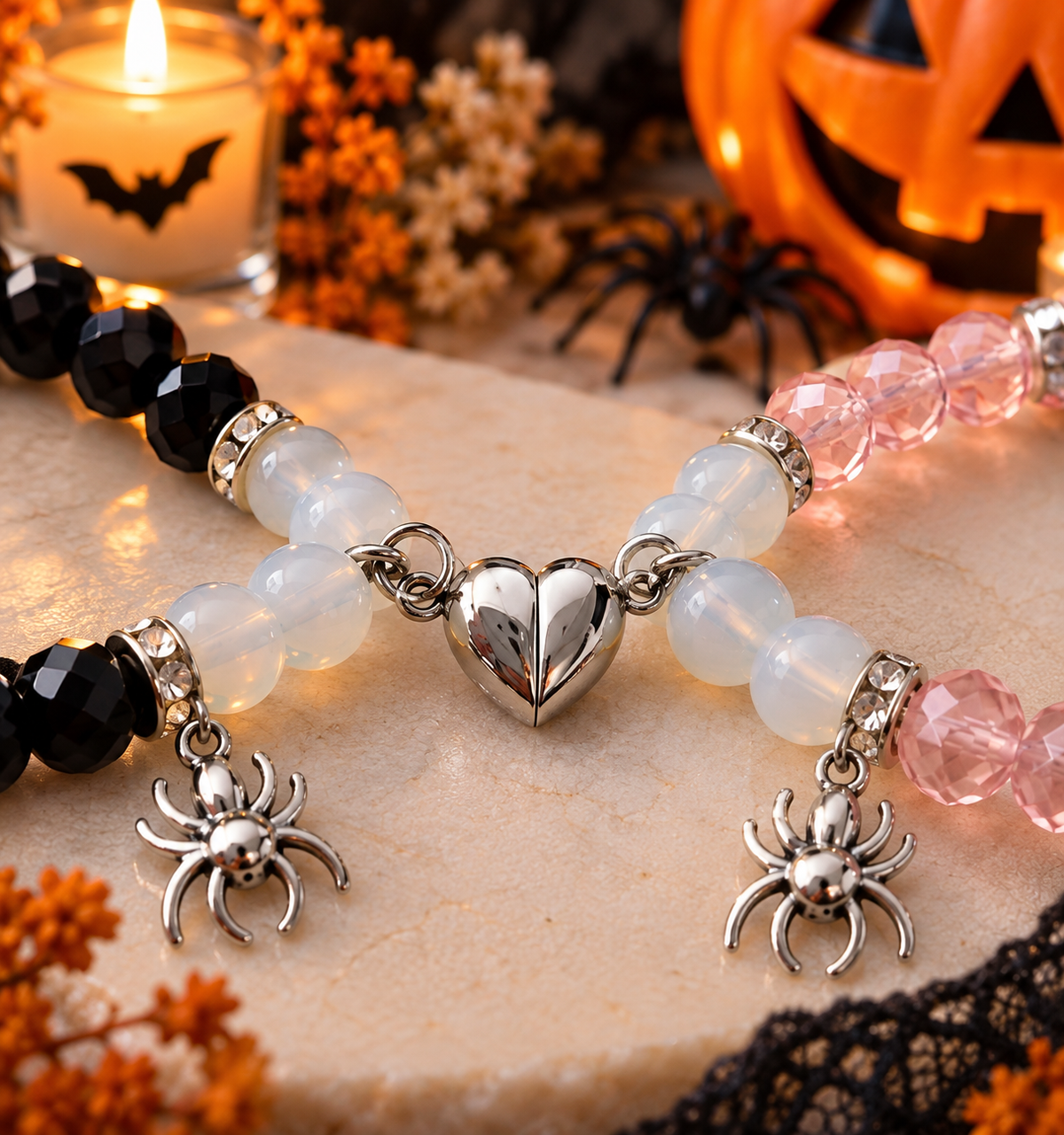 Duo de Bracelets d’Amitié Halloween – Cœur Aimanté et Araignées