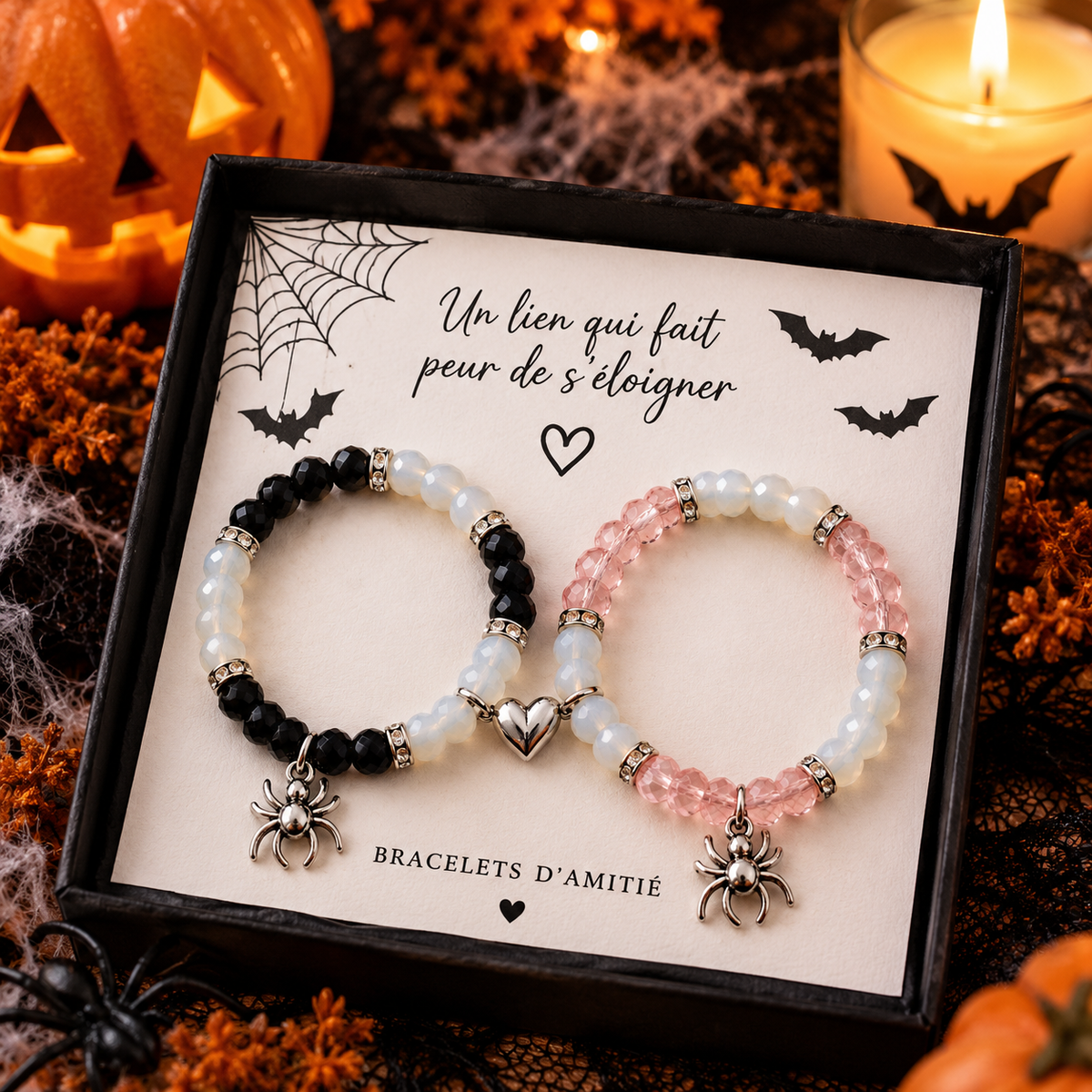 Duo de Bracelets d’Amitié Halloween – Cœur Aimanté et Araignées