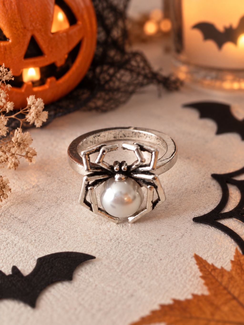 Bague Araignée Argentée avec Perle Blanche – Taille 53 – Cuivre