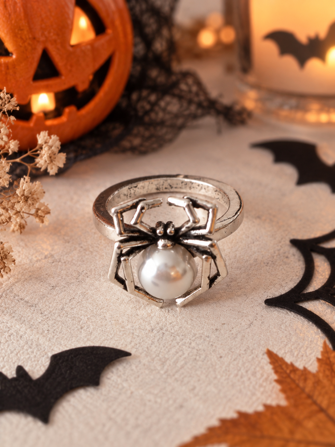Bague Araignée Argentée avec Perle Blanche – Taille 53 – Cuivre