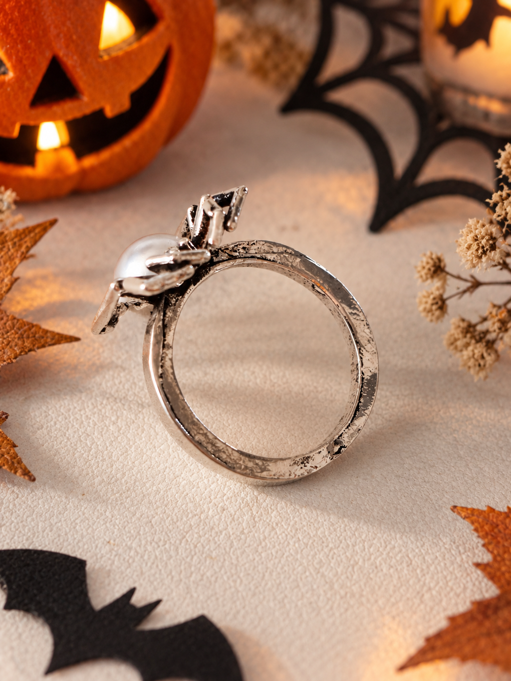 Bague Araignée Argentée avec Perle Blanche – Taille 53 – Cuivre