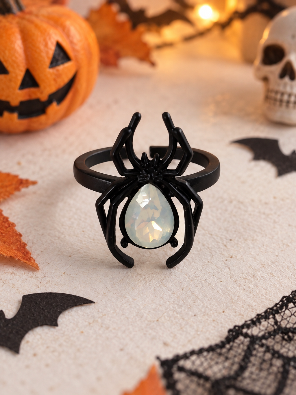 Bague Araignée Noire Réglable avec Pierre Opalescente – Cuivre