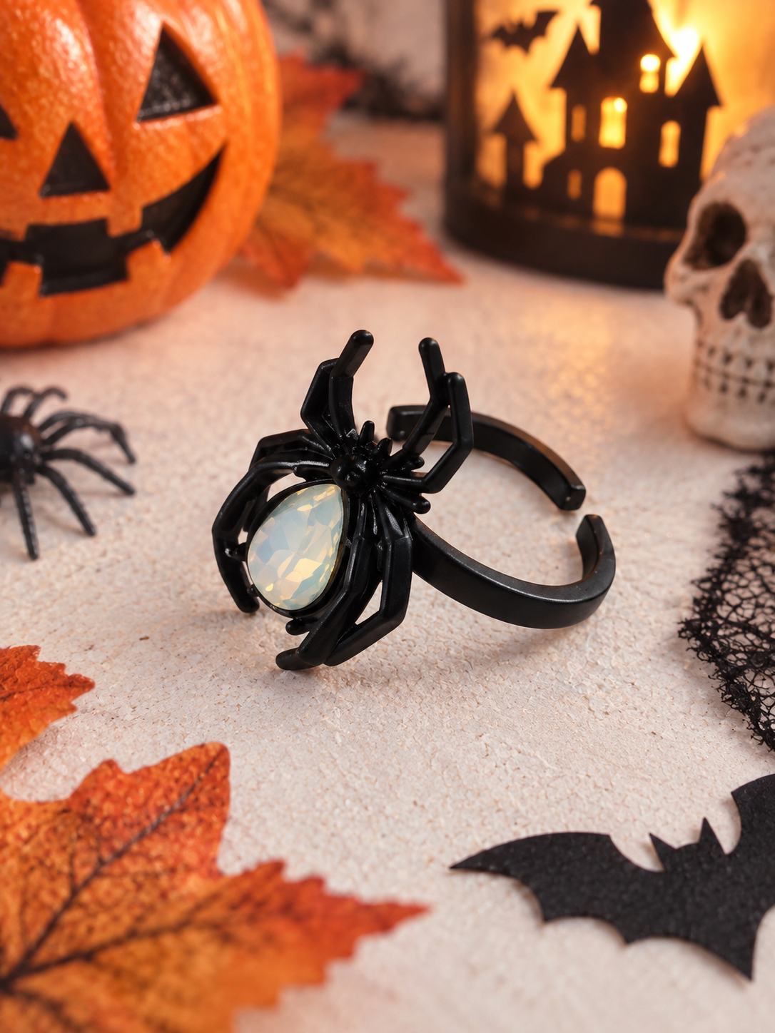 Bague Araignée Noire Réglable avec Pierre Opalescente – Cuivre