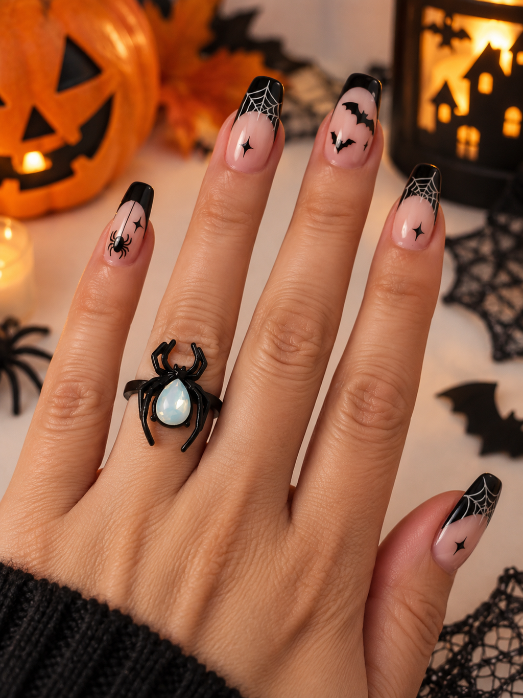 Bague Araignée Noire Réglable avec Pierre Opalescente – Cuivre
