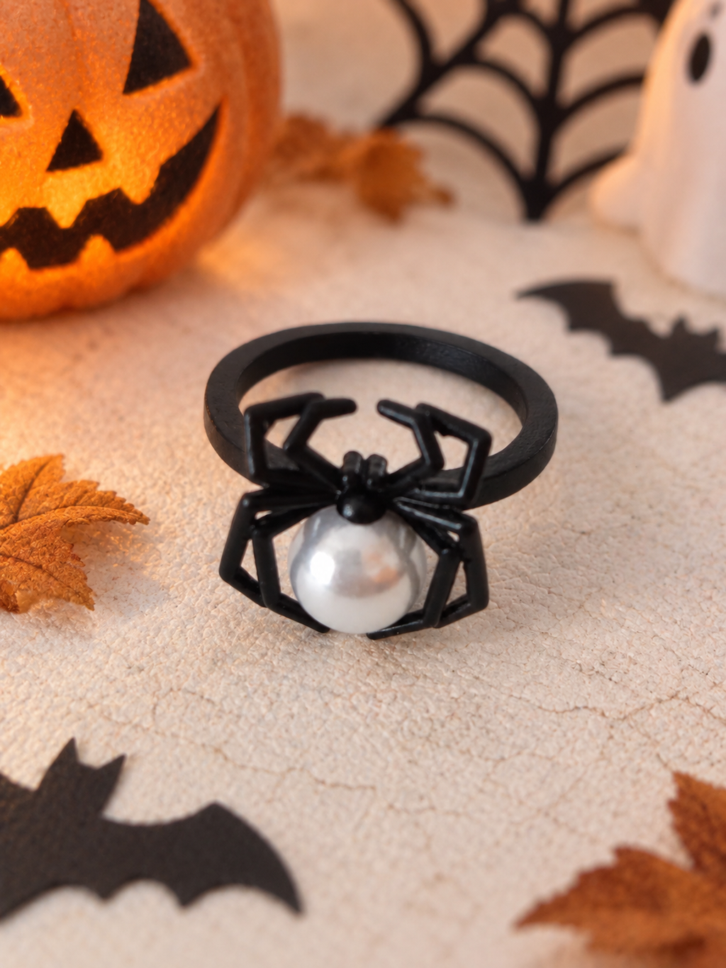 Bague Araignée Noire & Perle Blanche – Cuivre – Taille 53 – Halloween