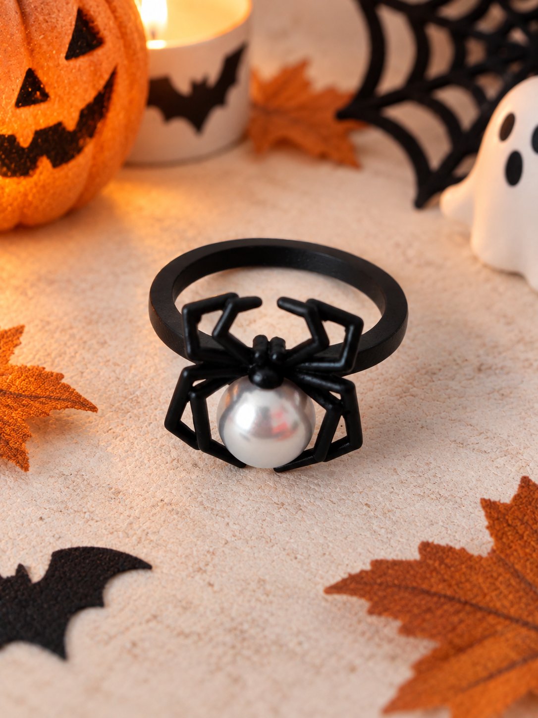 Bague Araignée Noire & Perle Blanche – Cuivre – Taille 53 – Halloween
