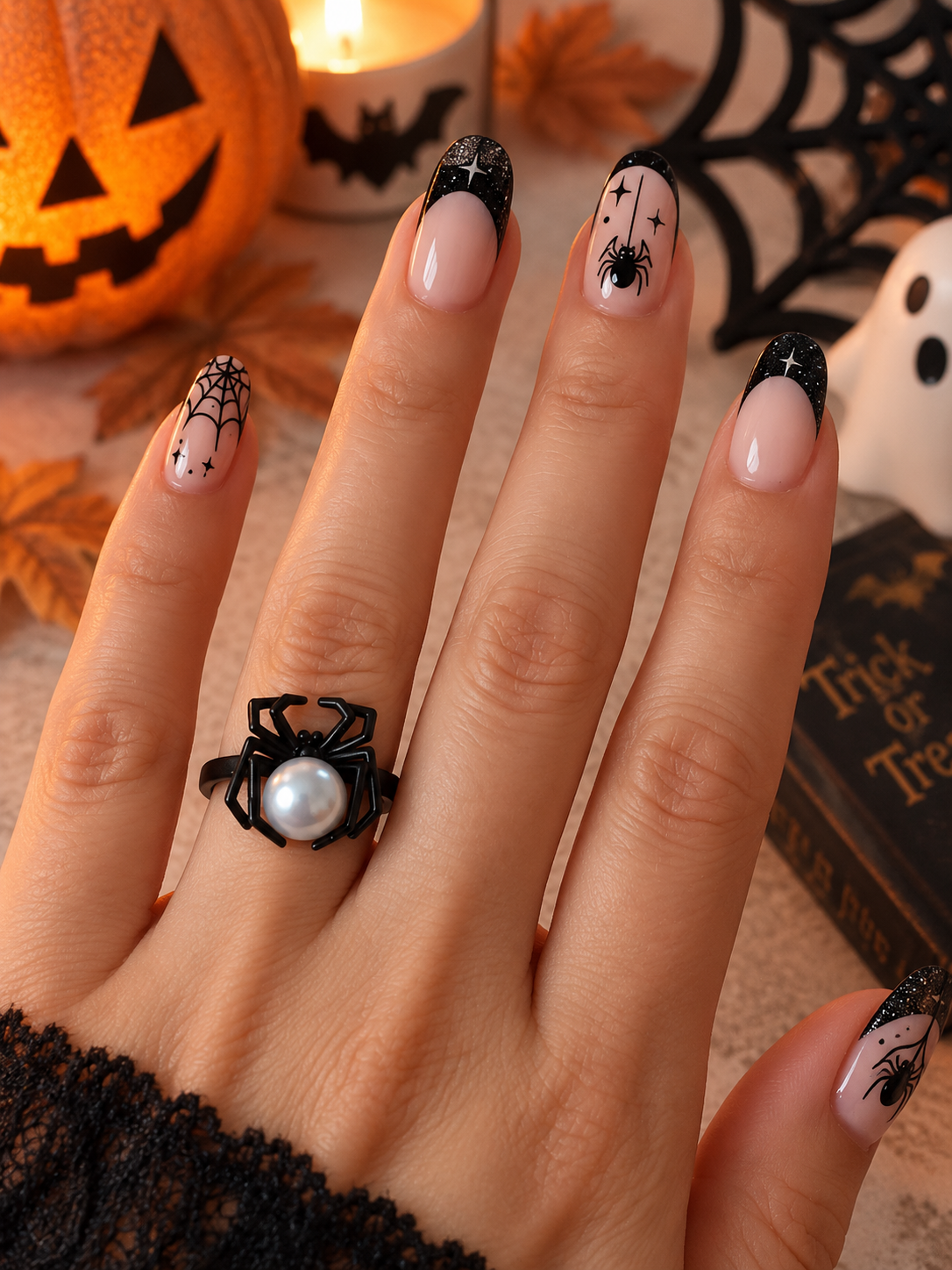 Bague Araignée Noire & Perle Blanche – Cuivre – Taille 53 – Halloween