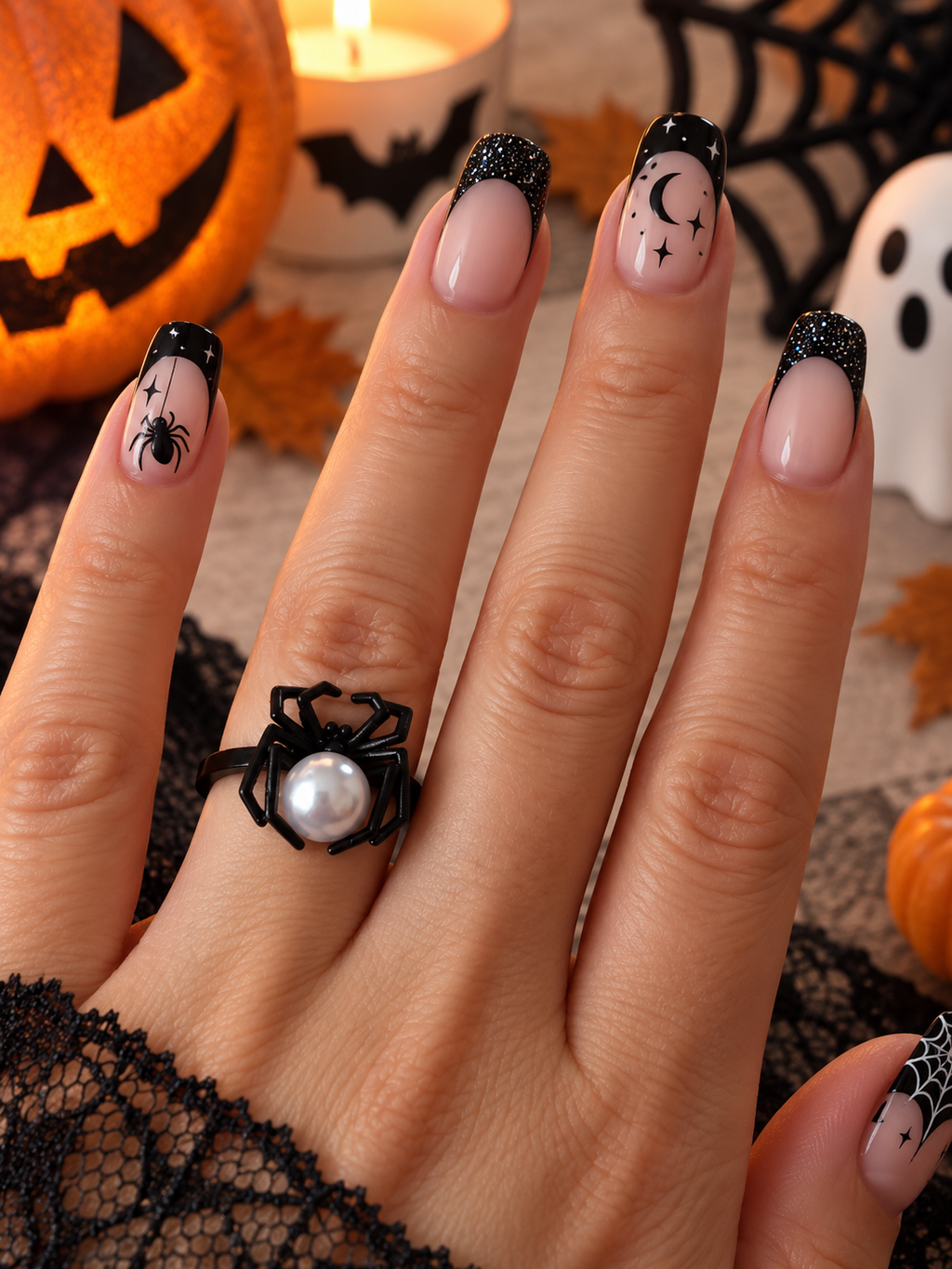 Bague Araignée Noire & Perle Blanche – Cuivre – Taille 53 – Halloween