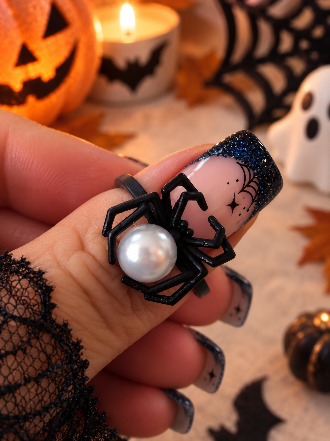 Bague Araignée Noire & Perle Blanche – Cuivre – Taille 53 – Halloween