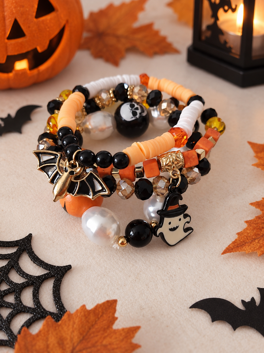 Lot de 4 Bracelets Halloween Femme – Citrouille, Tête de Mort, Fantôme & Chauve-Souris