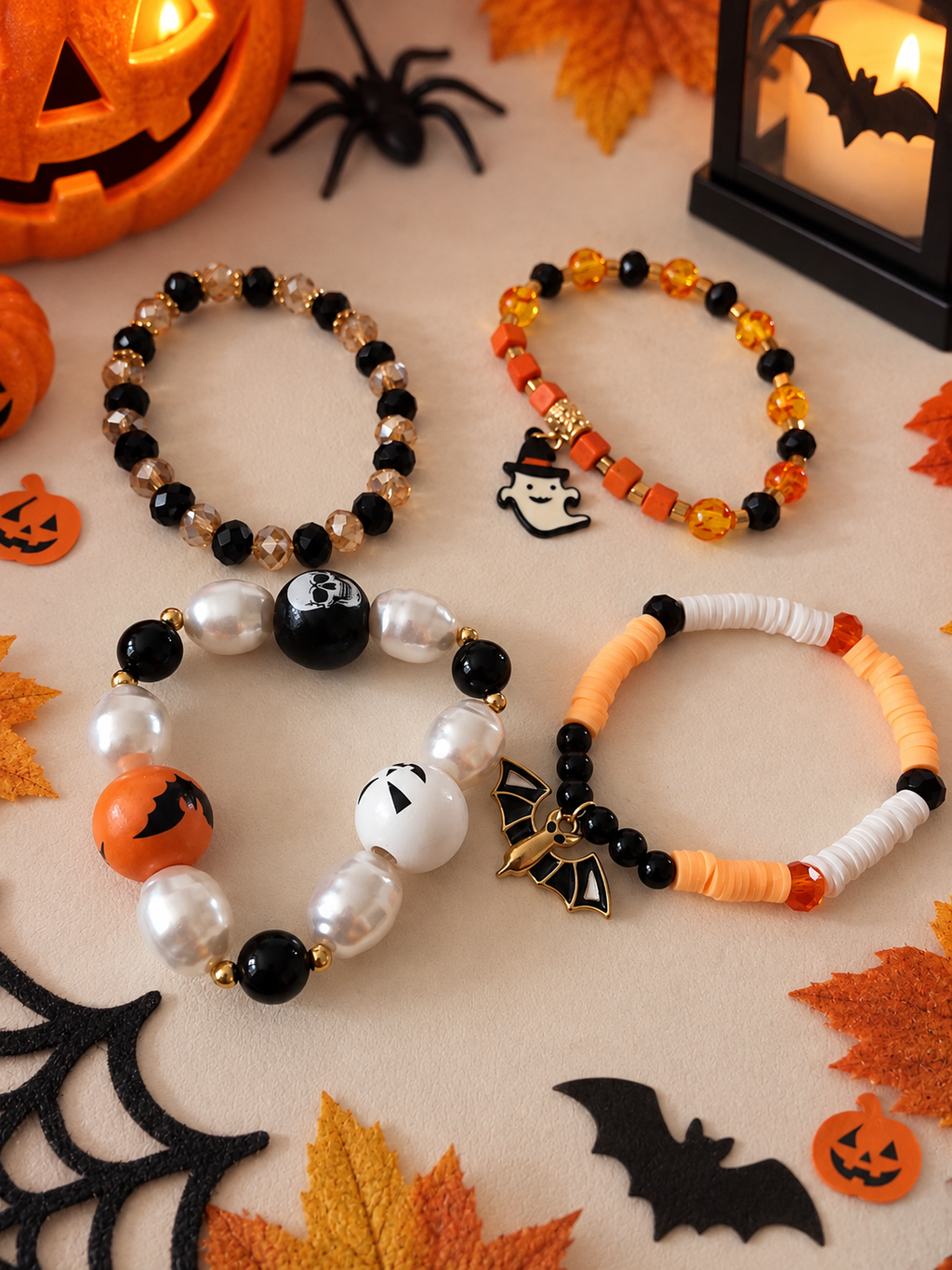 Lot de 4 Bracelets Halloween Femme – Citrouille, Tête de Mort, Fantôme & Chauve-Souris