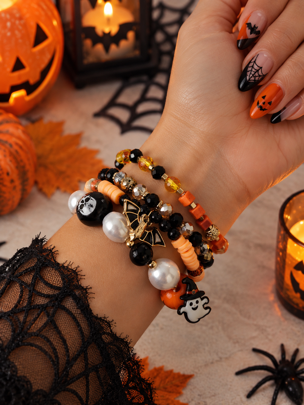 Lot de 4 Bracelets Halloween Femme – Citrouille, Tête de Mort, Fantôme & Chauve-Souris