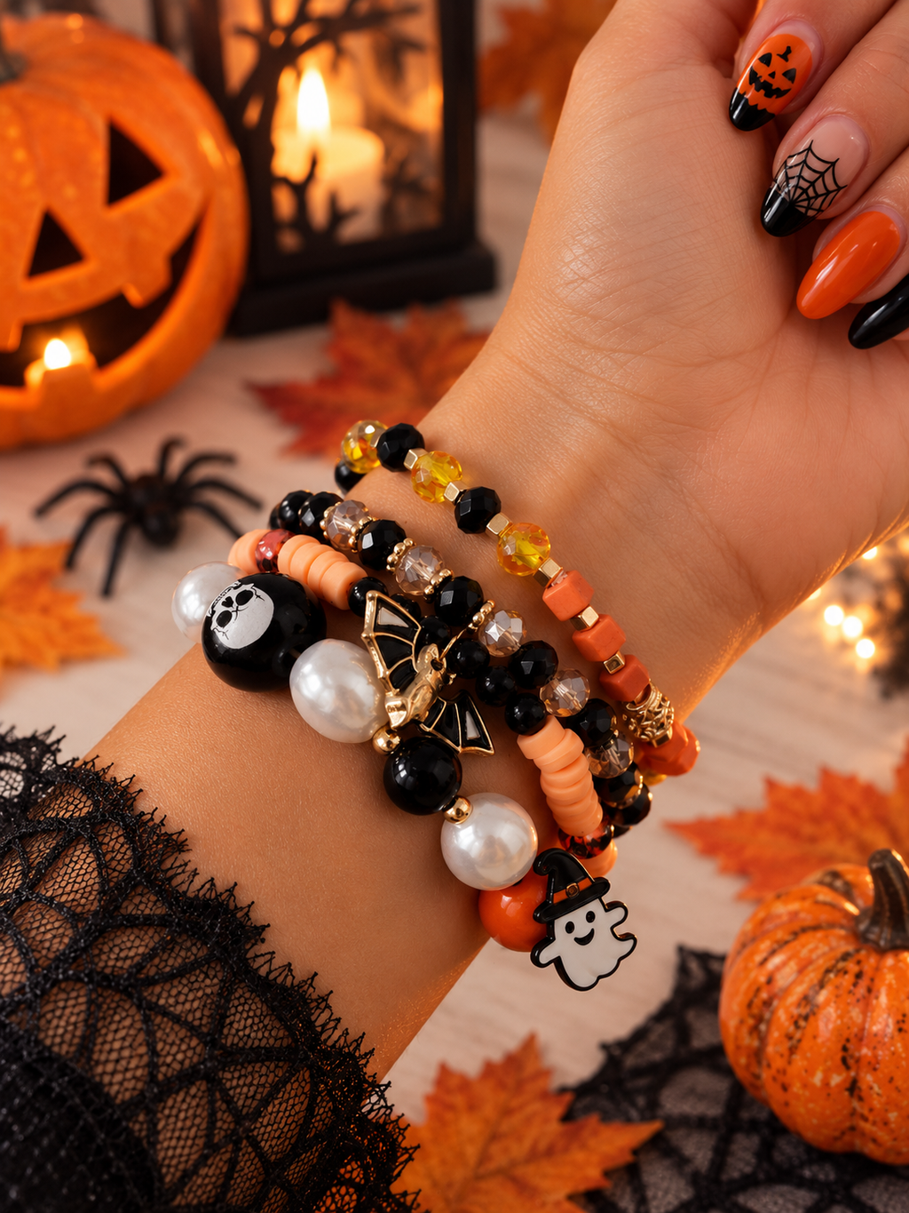 Lot de 4 Bracelets Halloween Femme – Citrouille, Tête de Mort, Fantôme & Chauve-Souris