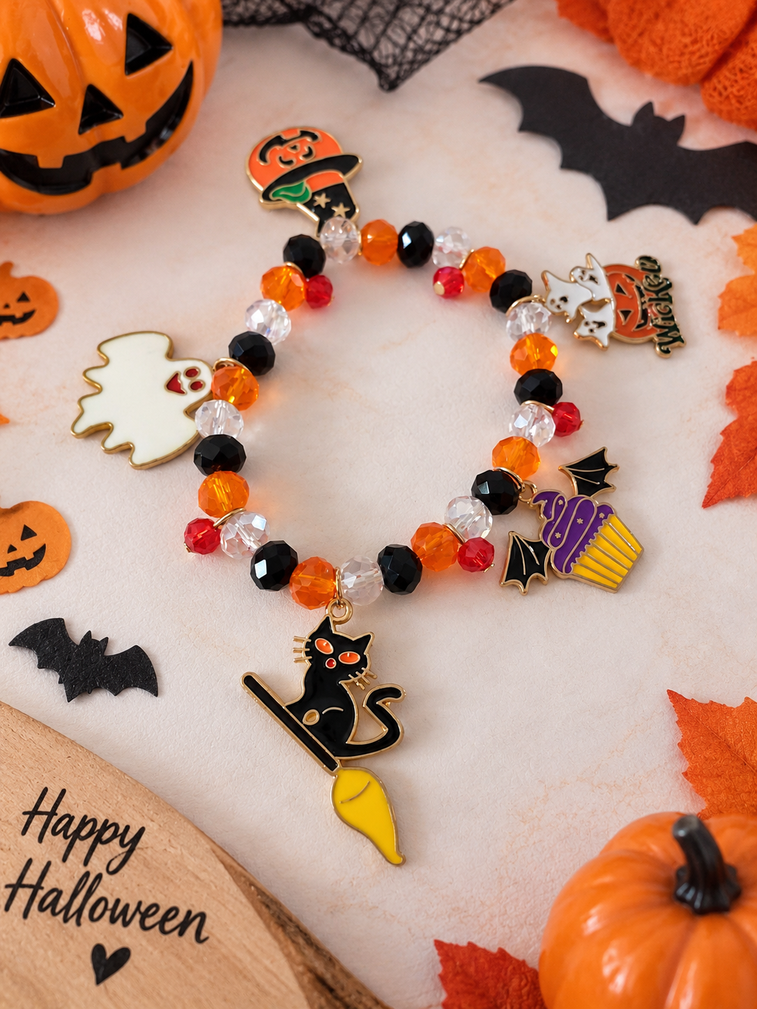 Bracelet Halloween Femme – Perles Colorées & Breloques Fantômes, Citrouille et Chat