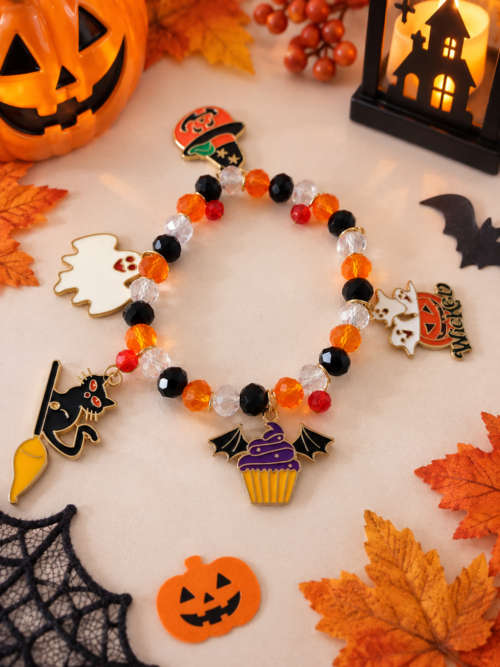 Bracelet Halloween Femme – Perles Colorées & Breloques Fantômes, Citrouille et Chat