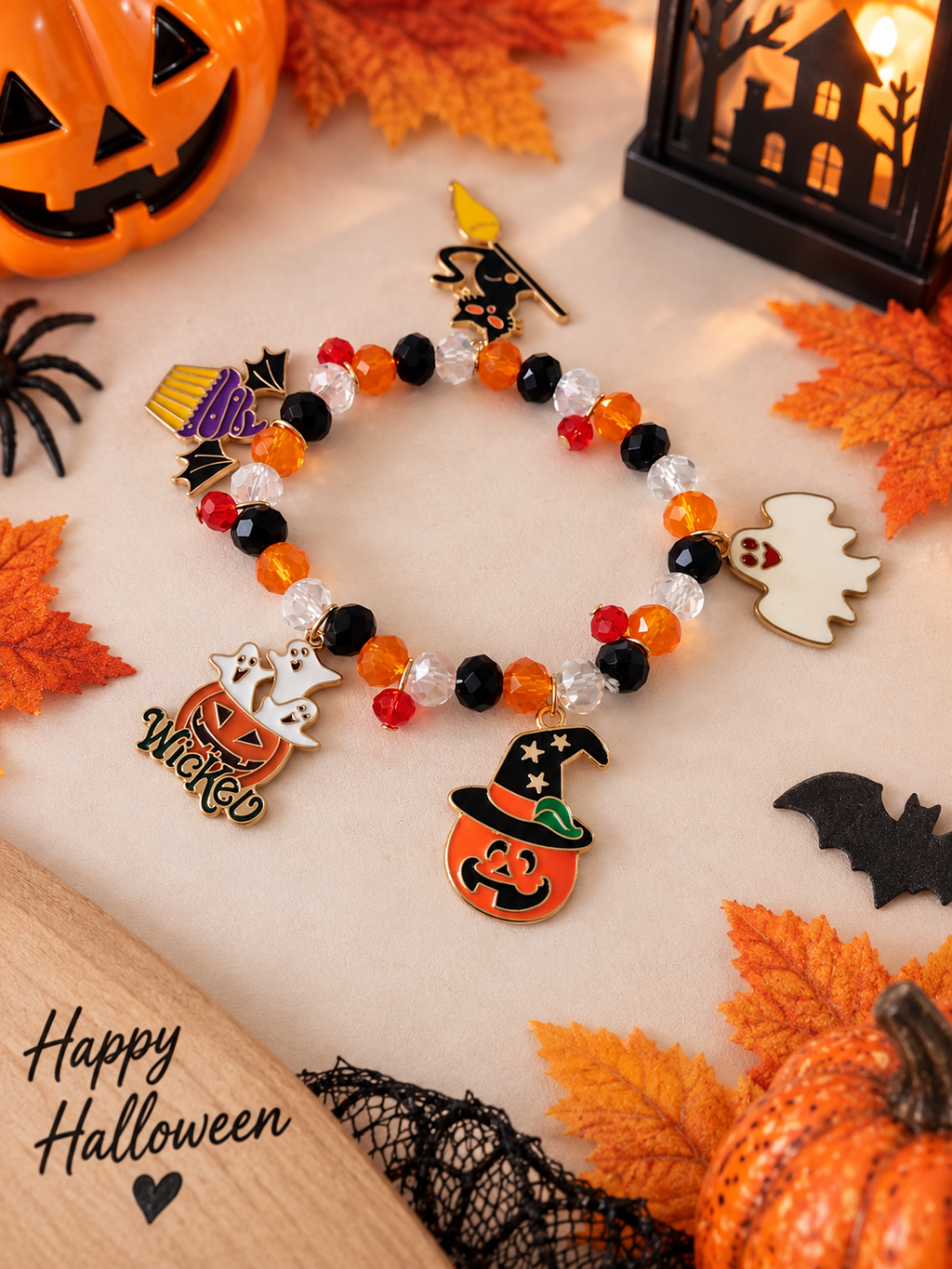 Bracelet Halloween Femme – Perles Colorées & Breloques Fantômes, Citrouille et Chat