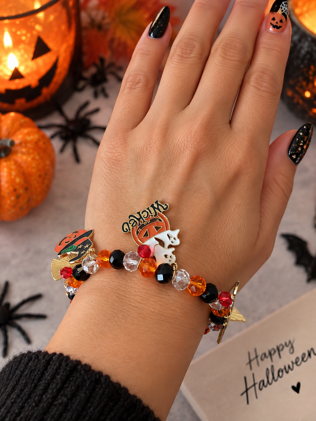 Bracelet Halloween Femme – Perles Colorées & Breloques Fantômes, Citrouille et Chat