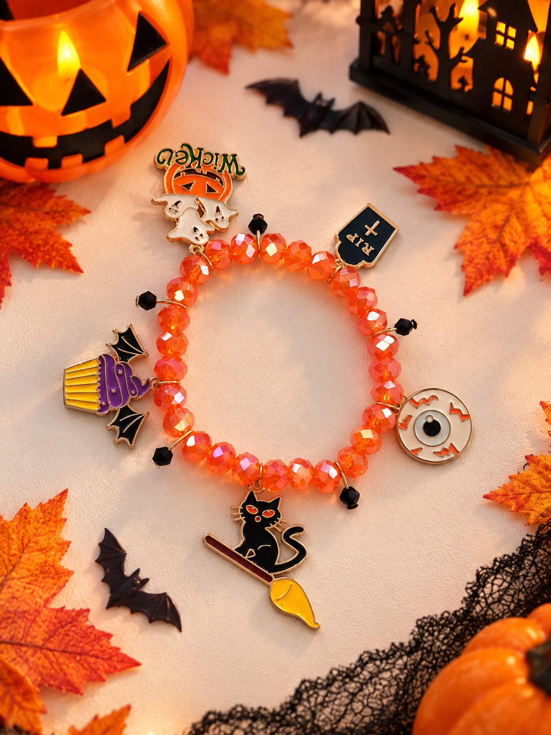 Bracelet Halloween Orange à Breloques – Chat, Fantôme & Citrouille