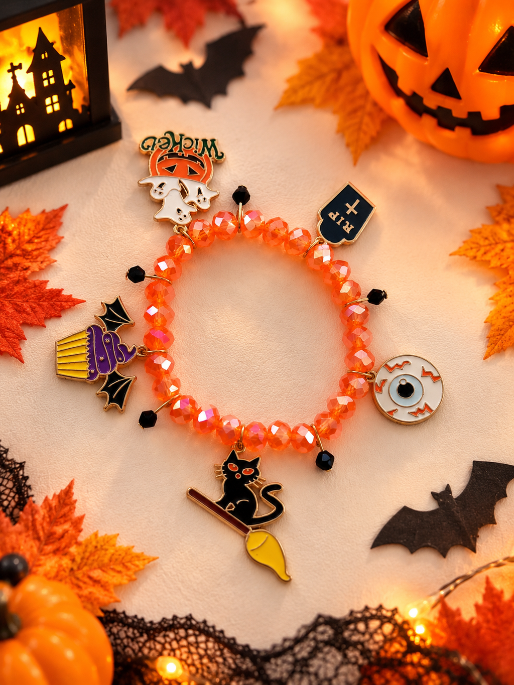 Bracelet Halloween Orange à Breloques – Chat, Fantôme & Citrouille