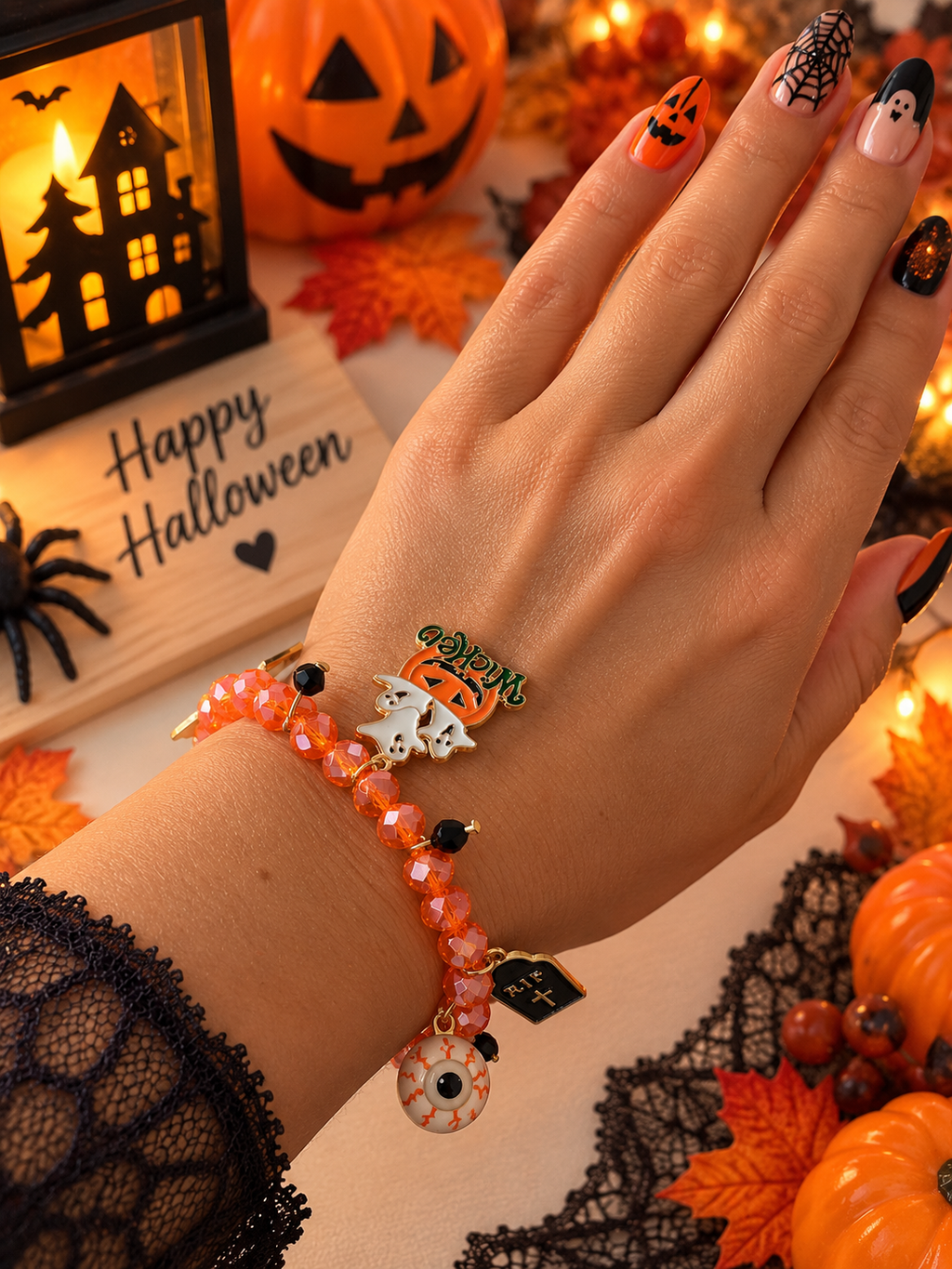 Bracelet Halloween Orange à Breloques – Chat, Fantôme & Citrouille