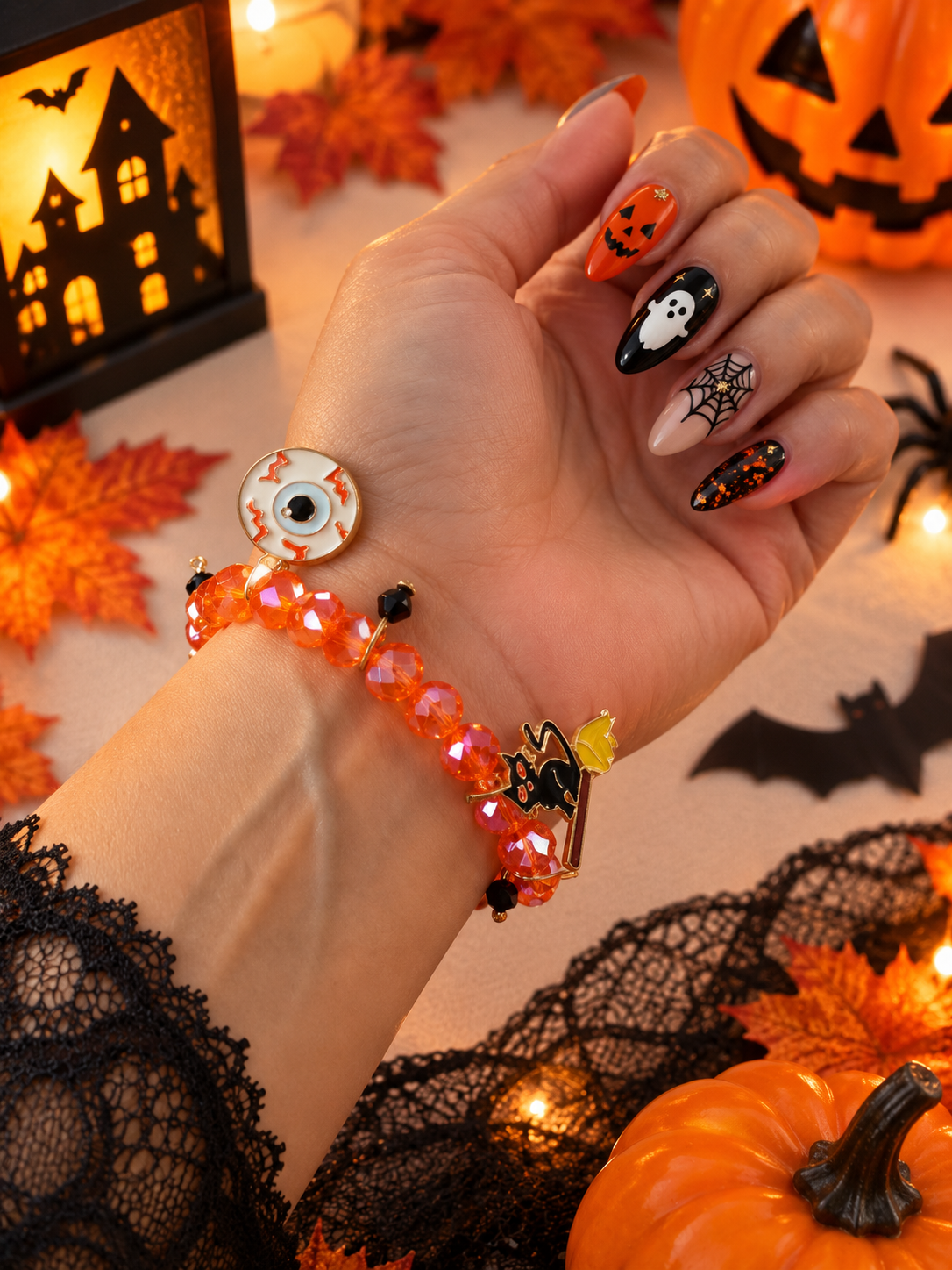 Bracelet Halloween Orange à Breloques – Chat, Fantôme & Citrouille