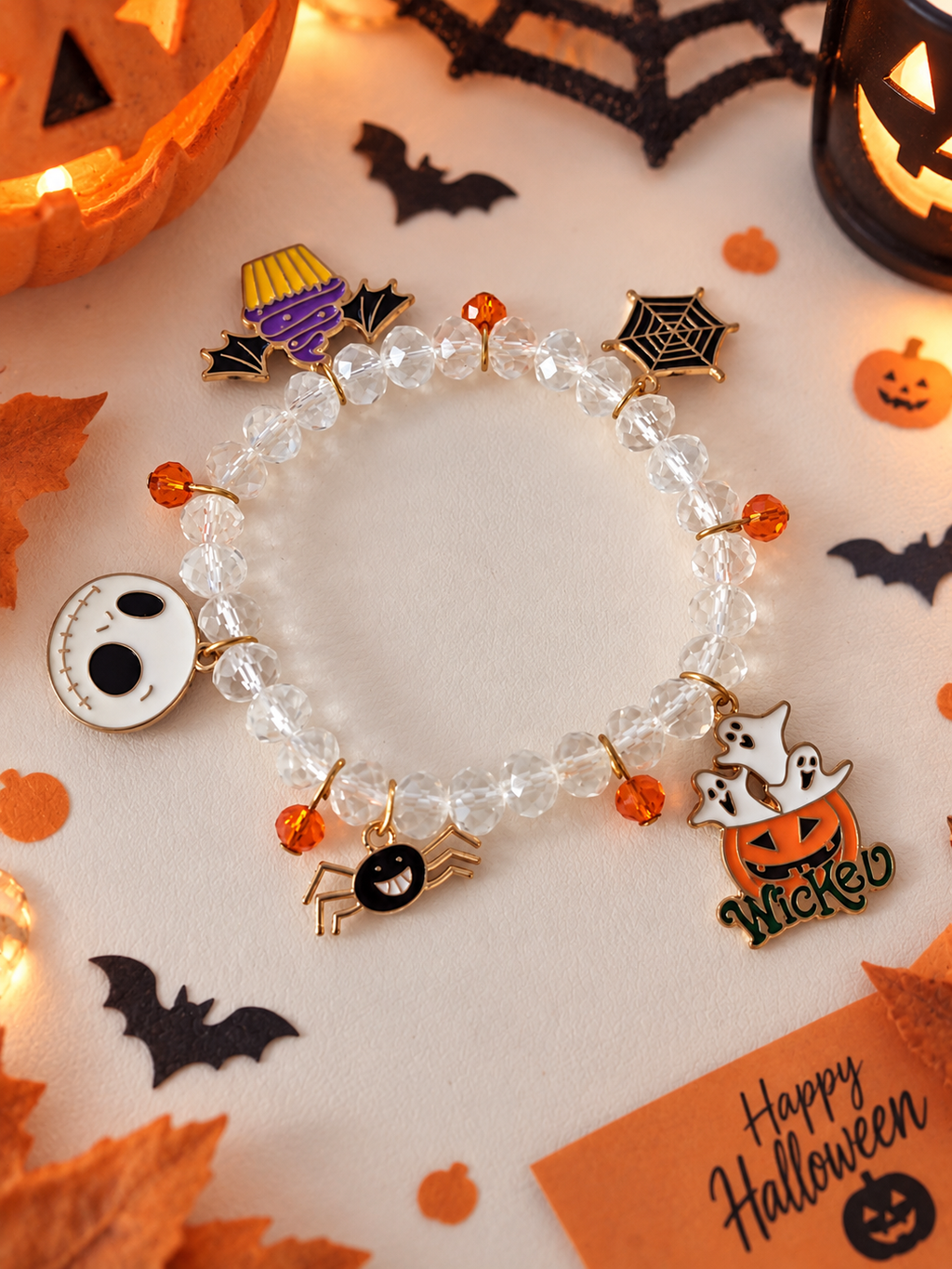 Bracelet Halloween Cristal – Breloques Fantômes, Araignée & Citrouille