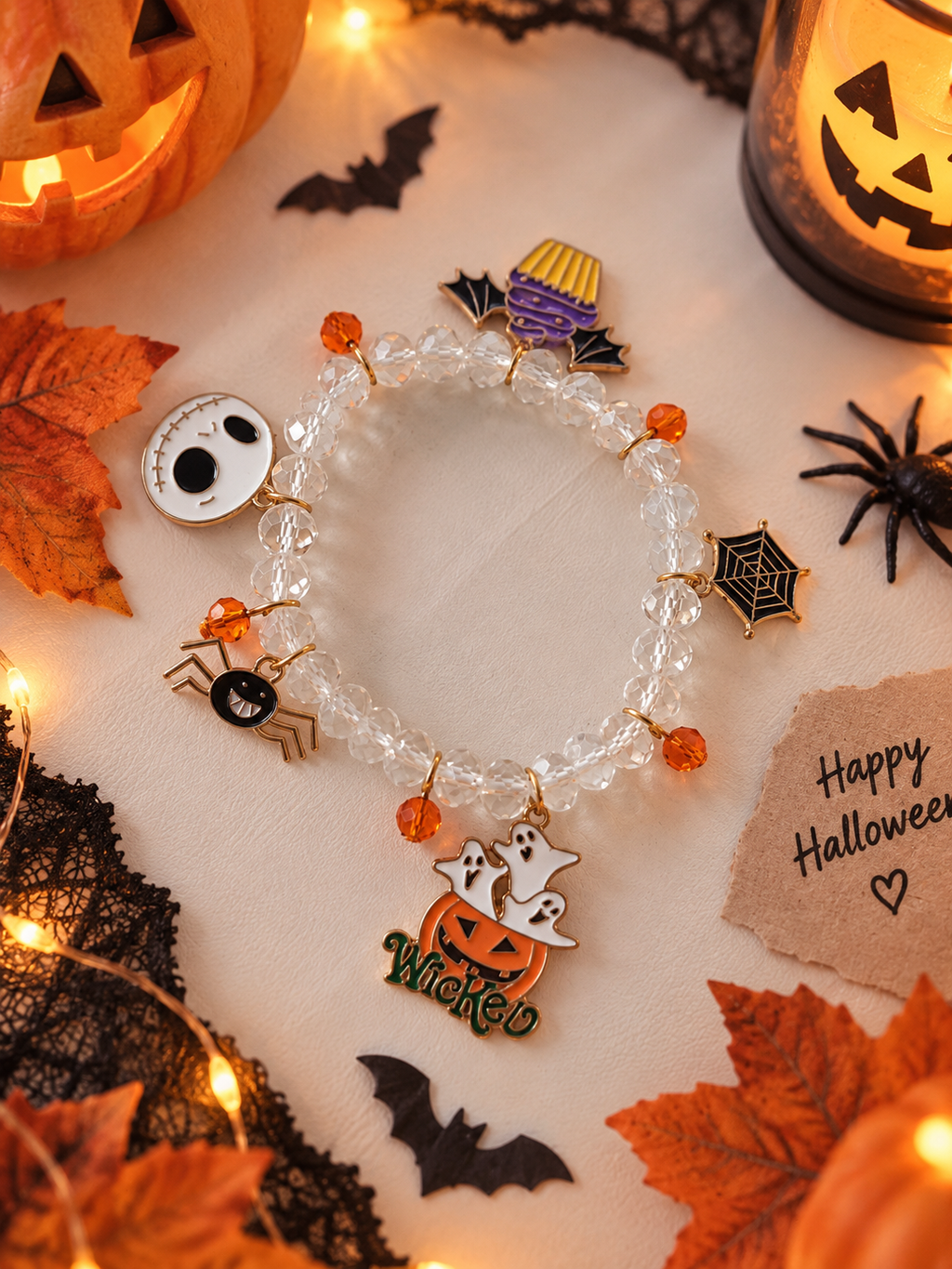 Bracelet Halloween Cristal – Breloques Fantômes, Araignée & Citrouille