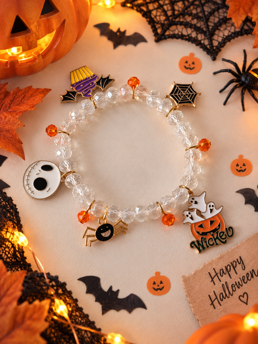 Bracelet Halloween Cristal – Breloques Fantômes, Araignée & Citrouille