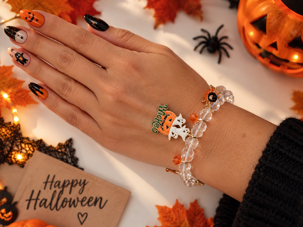 Bracelet Halloween Cristal – Breloques Fantômes, Araignée & Citrouille