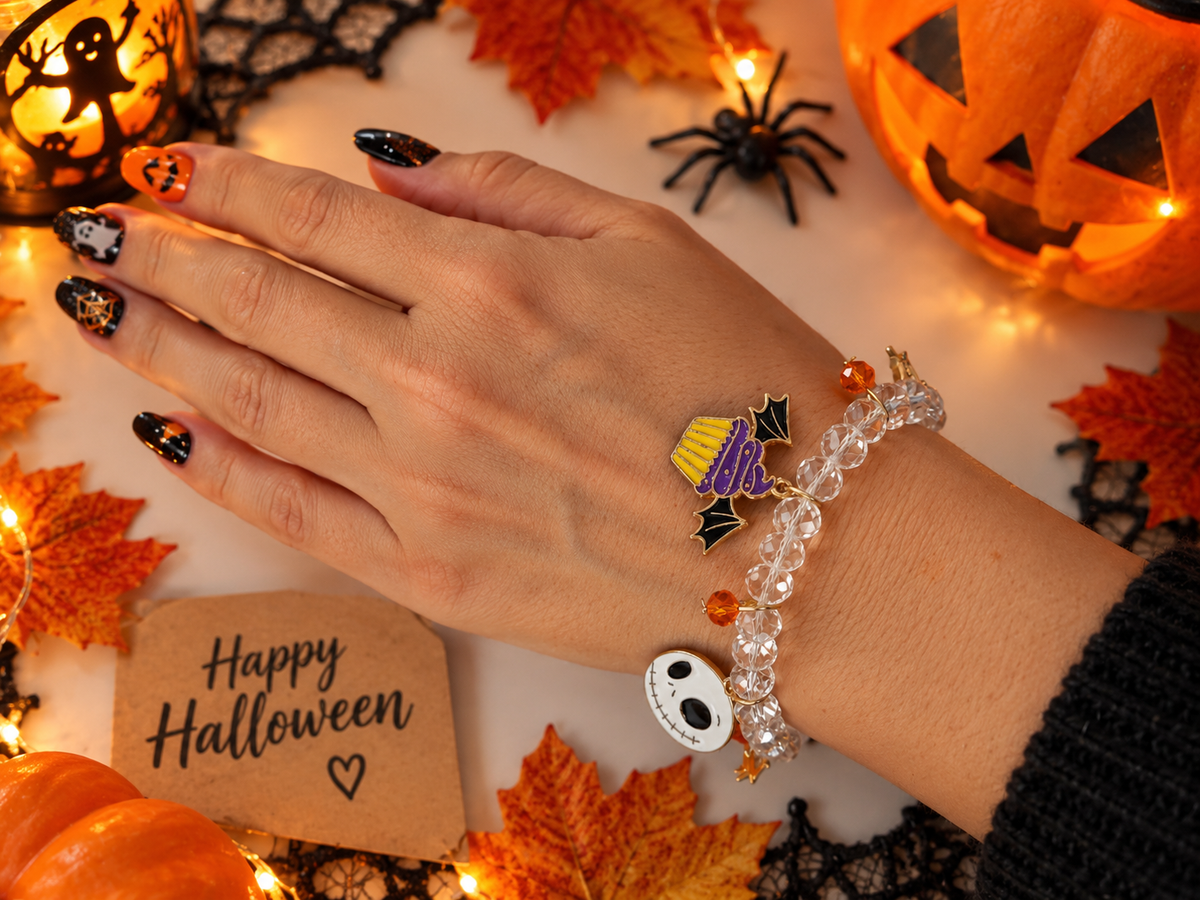 Bracelet Halloween Cristal – Breloques Fantômes, Araignée & Citrouille
