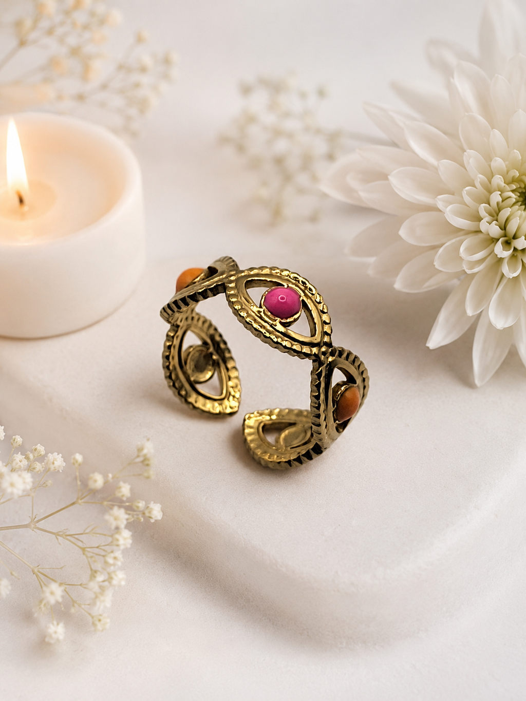 Anello regolabile in acciaio inossidabile ovale e punto rosa