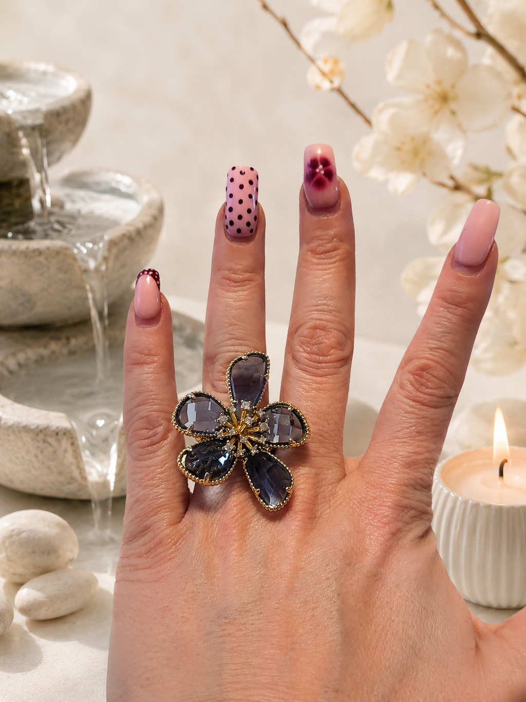 Bague en acier inoxydable doré, ajustable fleurs zircon bleu clair