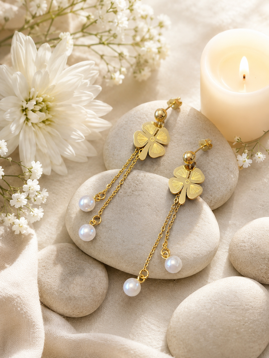 Boucles d'oreilles acier inoxydable trèfle à 4 feuilles et perles