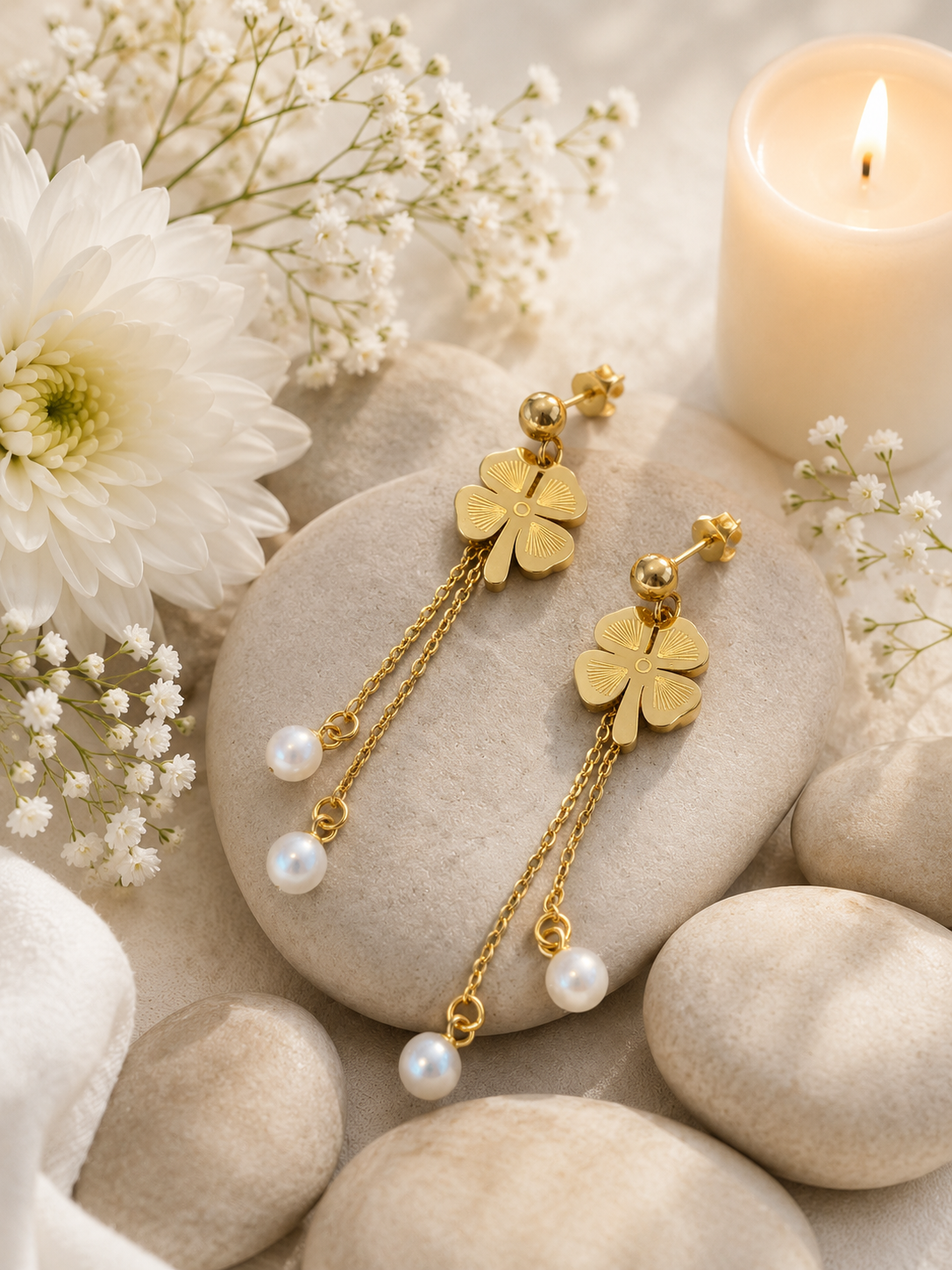 Boucles d'oreilles acier inoxydable trèfle à 4 feuilles et perles