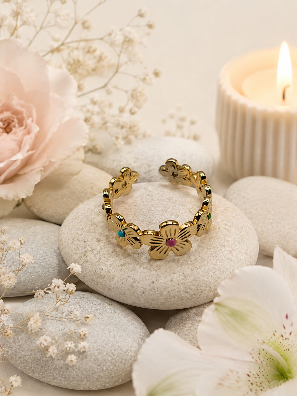 Bague acier inoxydable ajustable tour fleur dorée