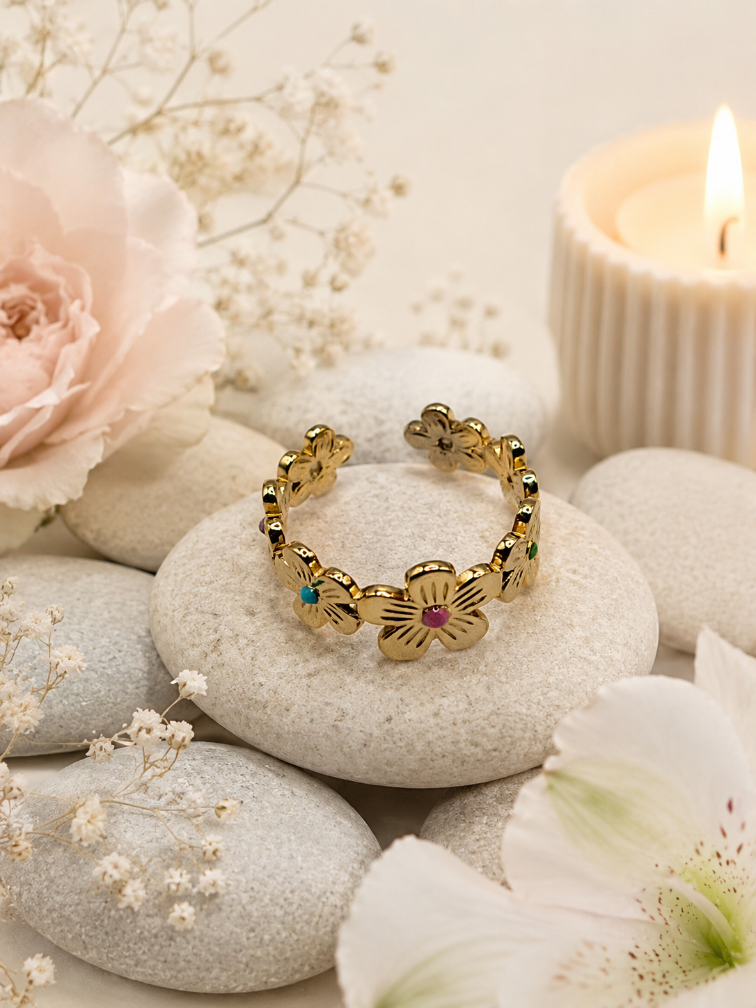 Bague acier inoxydable ajustable tour fleur dorée