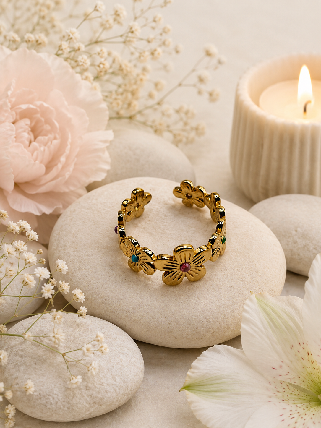 Bague acier inoxydable ajustable tour fleur dorée