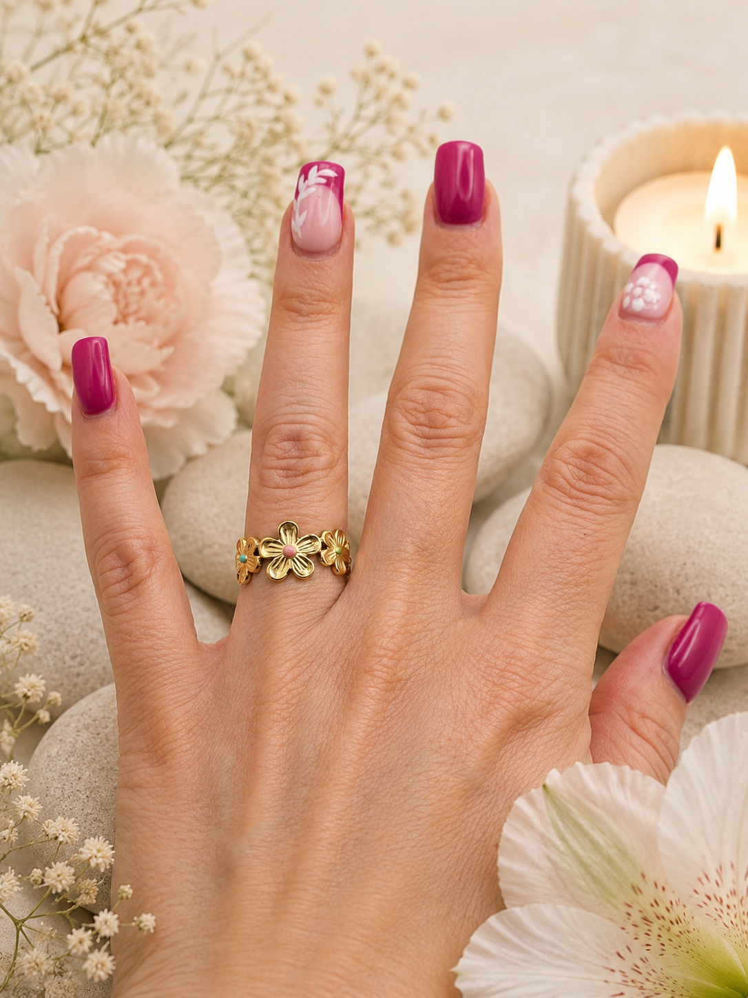 Bague acier inoxydable ajustable tour fleur dorée
