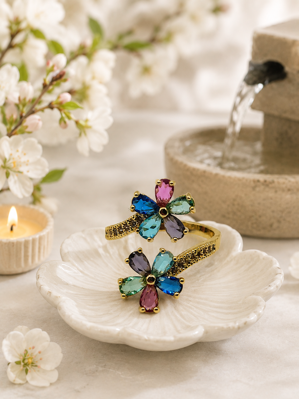 Bague ouverte acier inoxydable doré avec fleurs multicolores