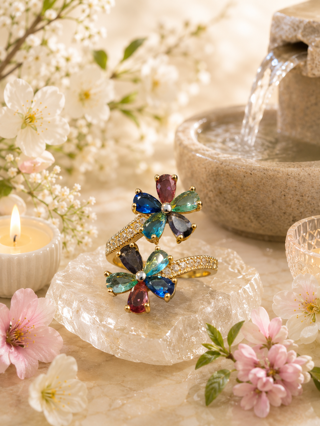 Bague ouverte acier inoxydable doré avec fleurs multicolores
