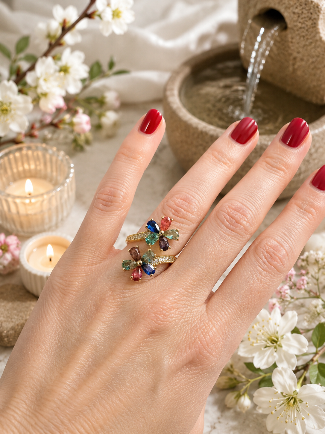Bague ouverte acier inoxydable doré avec fleurs multicolores