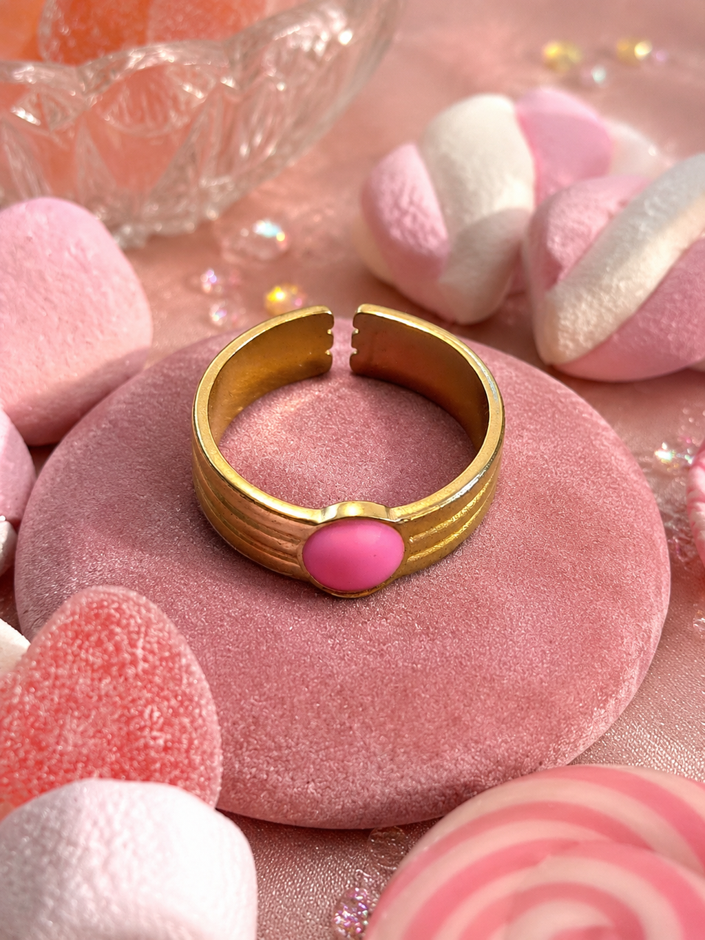 Bague ajustable acier inoxydable doré avec pierre rose ronde