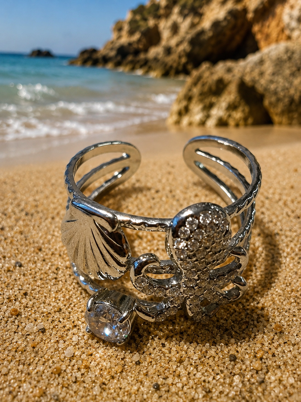 Bague ajustable poulpe strassé et coquillage argenté