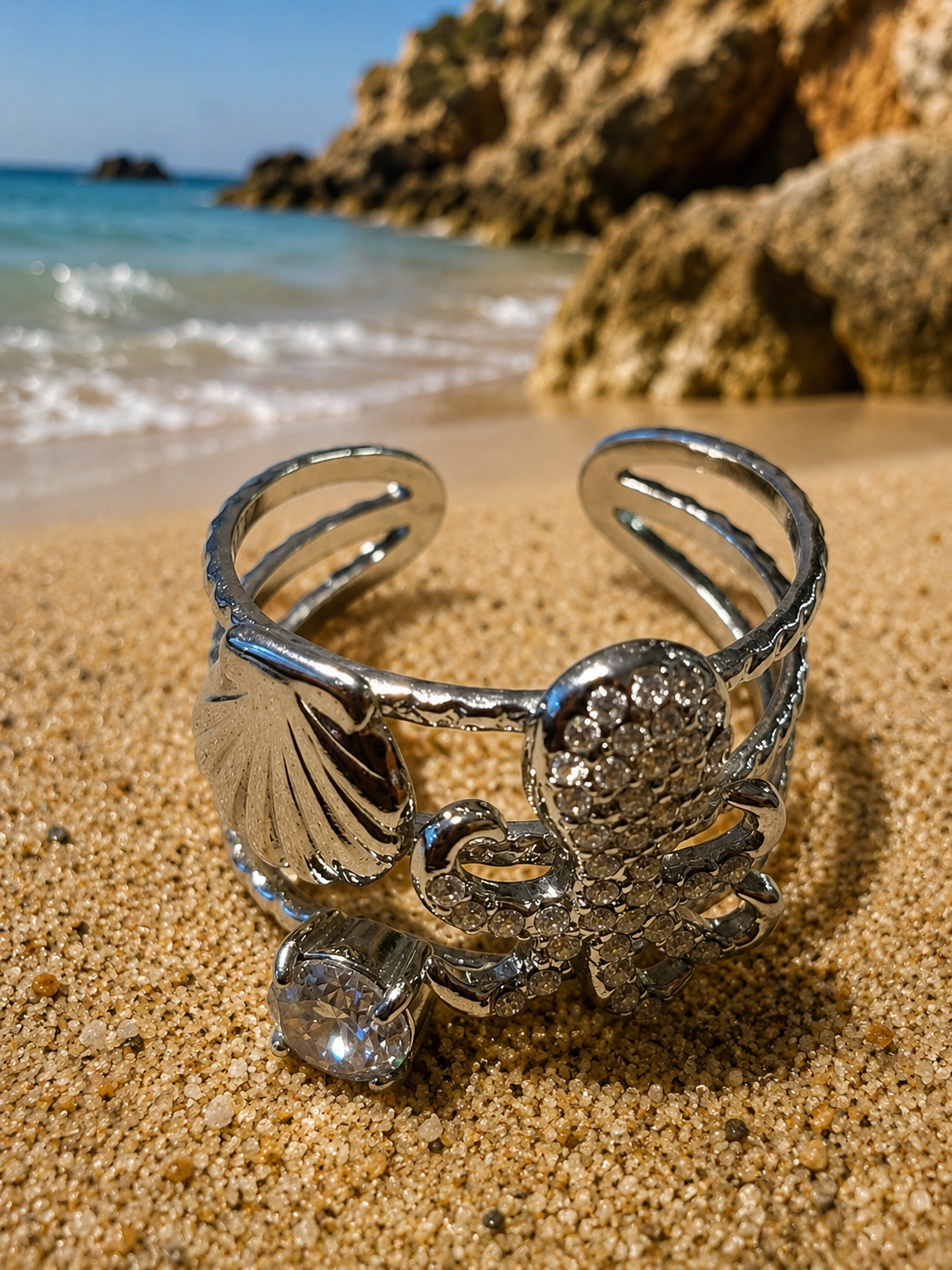 Bague ajustable poulpe strassé et coquillage argenté
