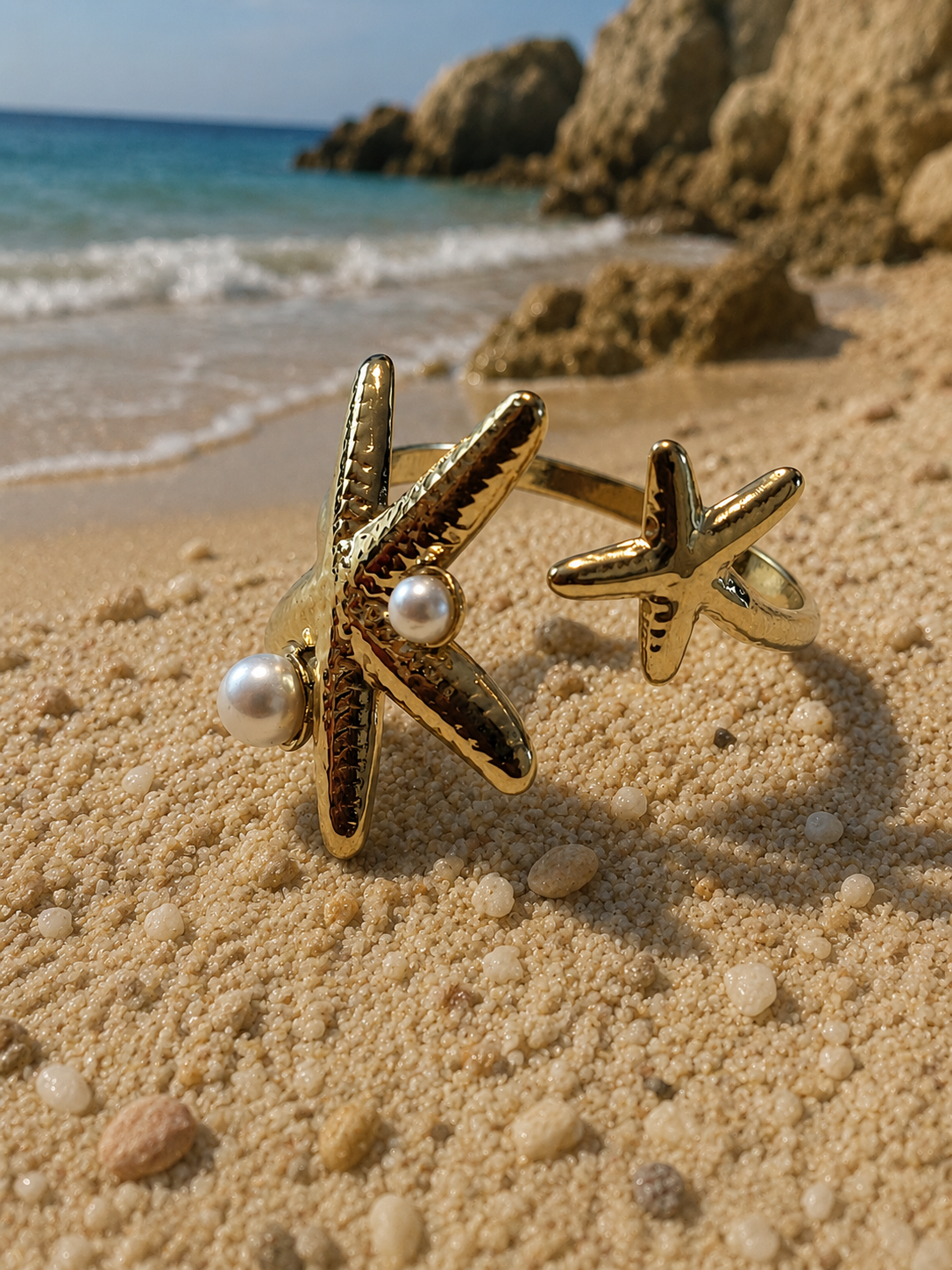 Bague dorée ouverte à l'avant à 2 étoiles de mer avec perles
