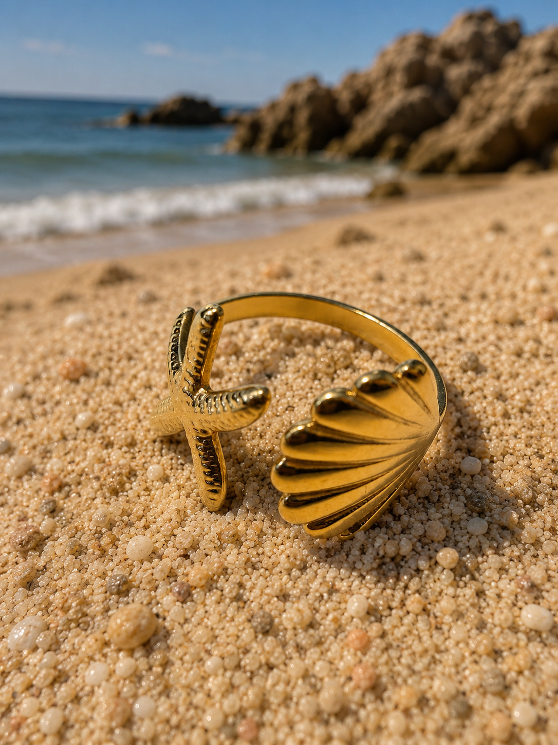 Bague ouverte acier inoxydable doré petite étoile de mer et coquillage