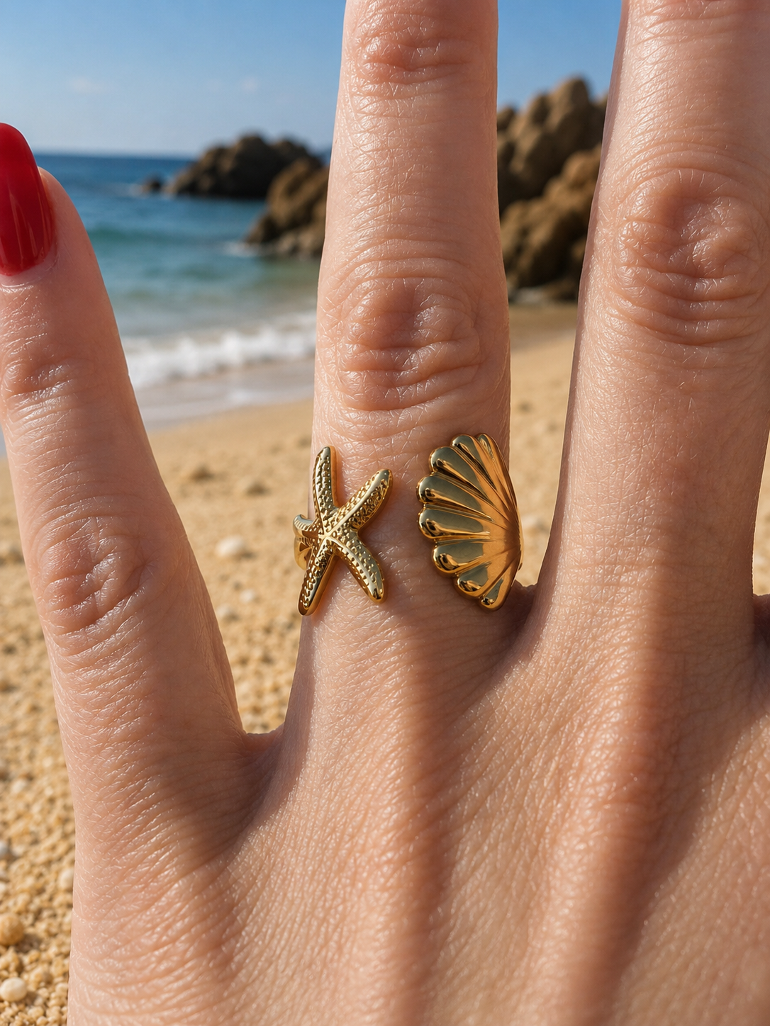 Bague ouverte acier inoxydable doré petite étoile de mer et coquillage