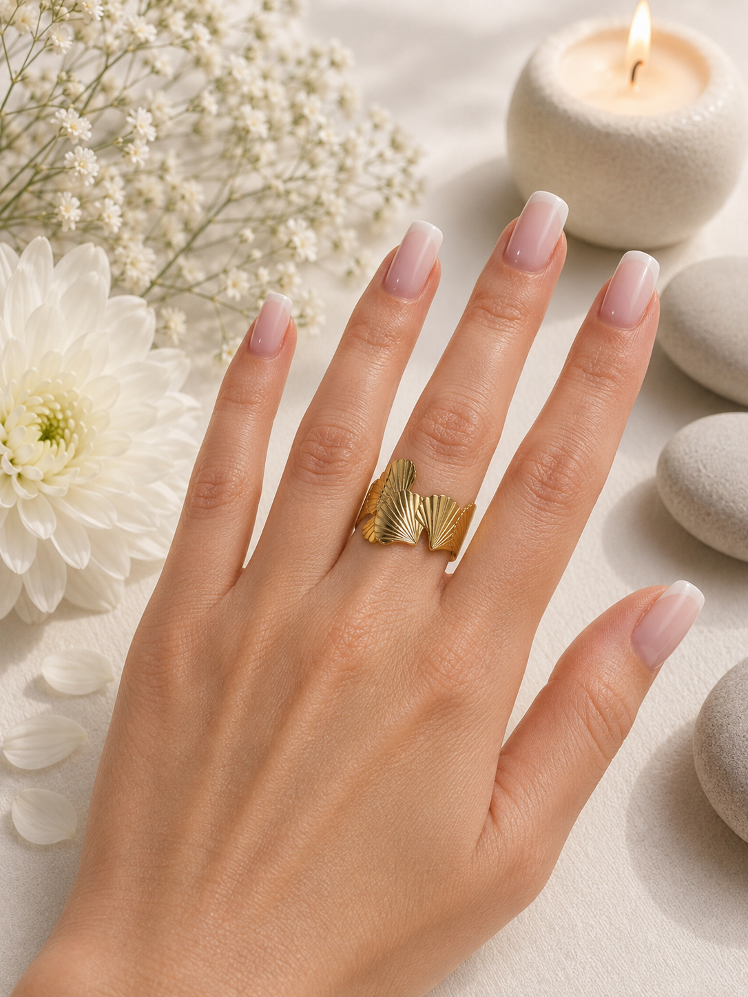 Bague ouverte feuilles Ginkgo entrelacées doré