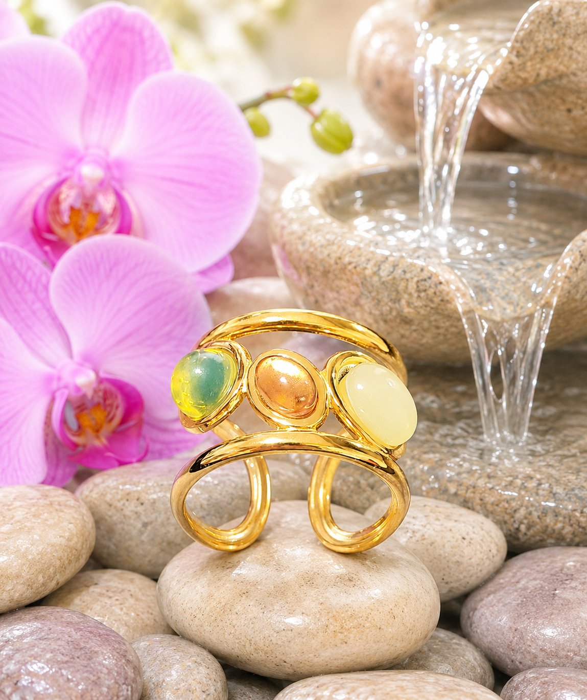 Bague géométrique ajustable en acier inoxydable avec 3 pierres